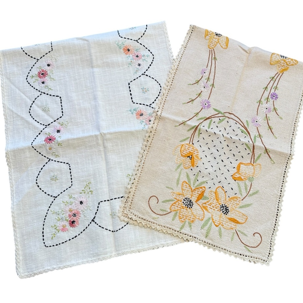 Vintage Hand Embroidered Table Runners Set Floral Cottage Linen Pair